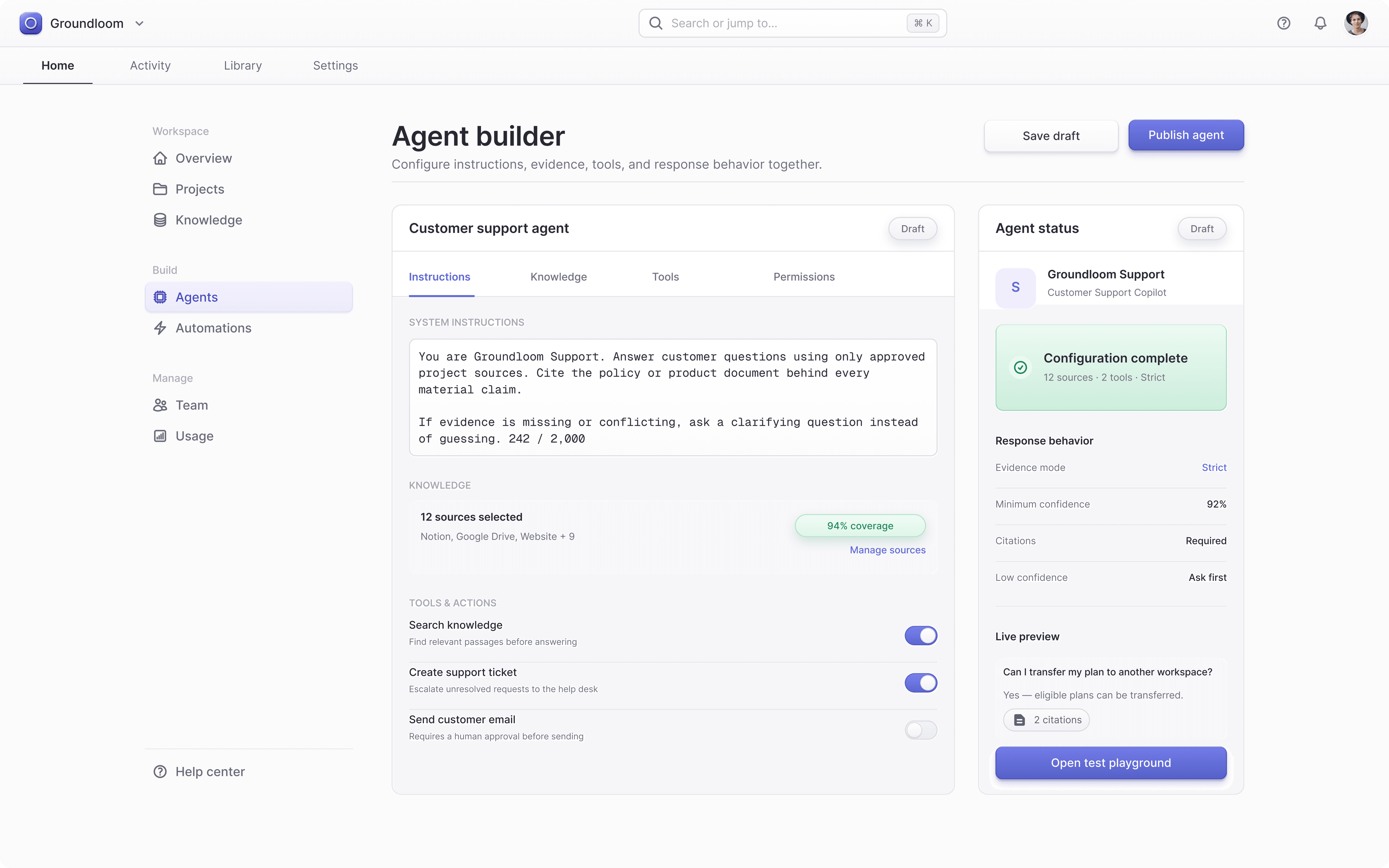 Groundloom agent builder for instructions, knowledge, tools, and response settings.