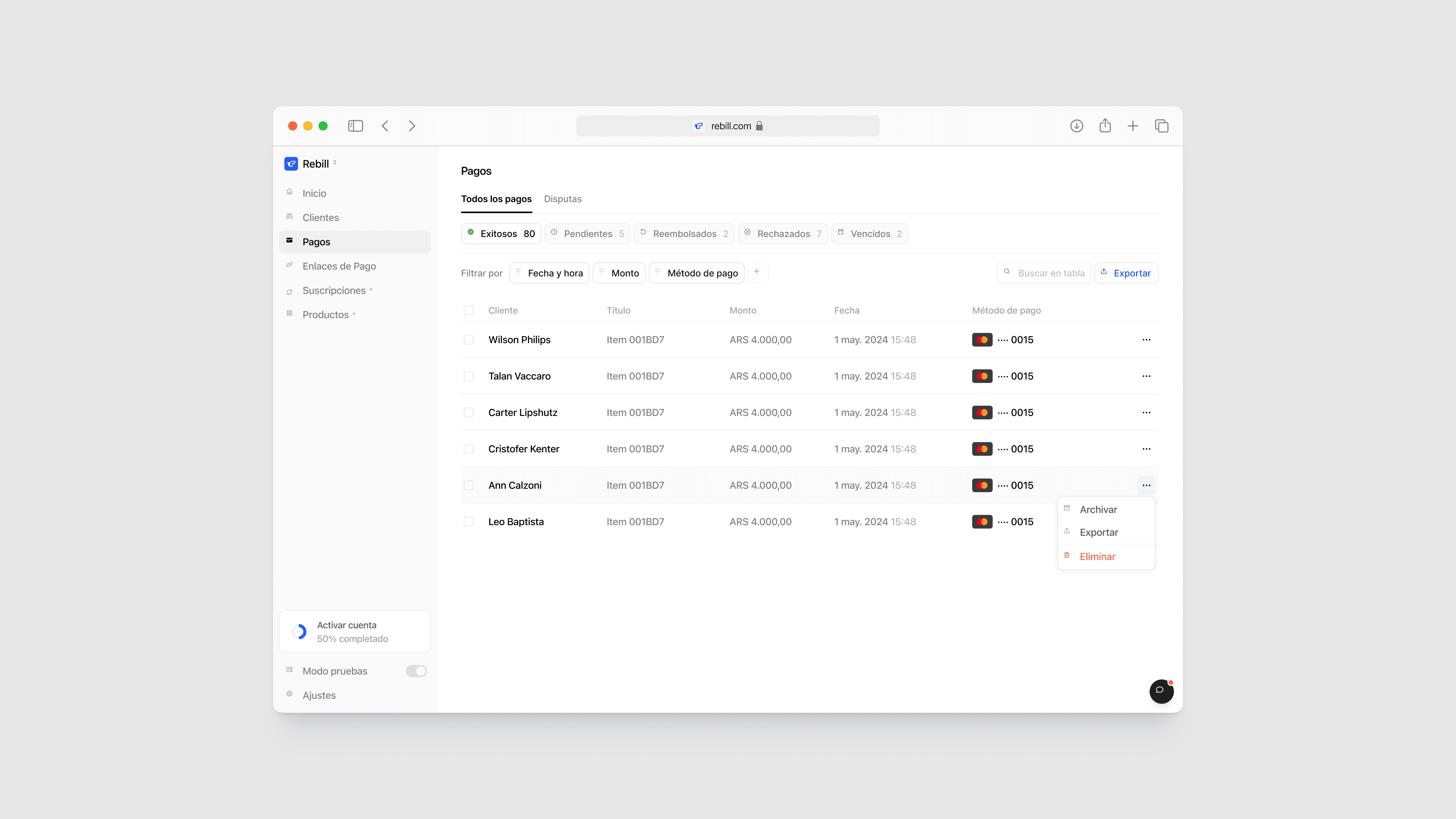 Rebill payments dashboard in light mode with multiple transactions selected and a bulk action toolbar for archiving, exporting, or deleting—part of the streamlined, Stripe-grade LATAM payments UI Kundo Studio designed for efficient operator workflows.