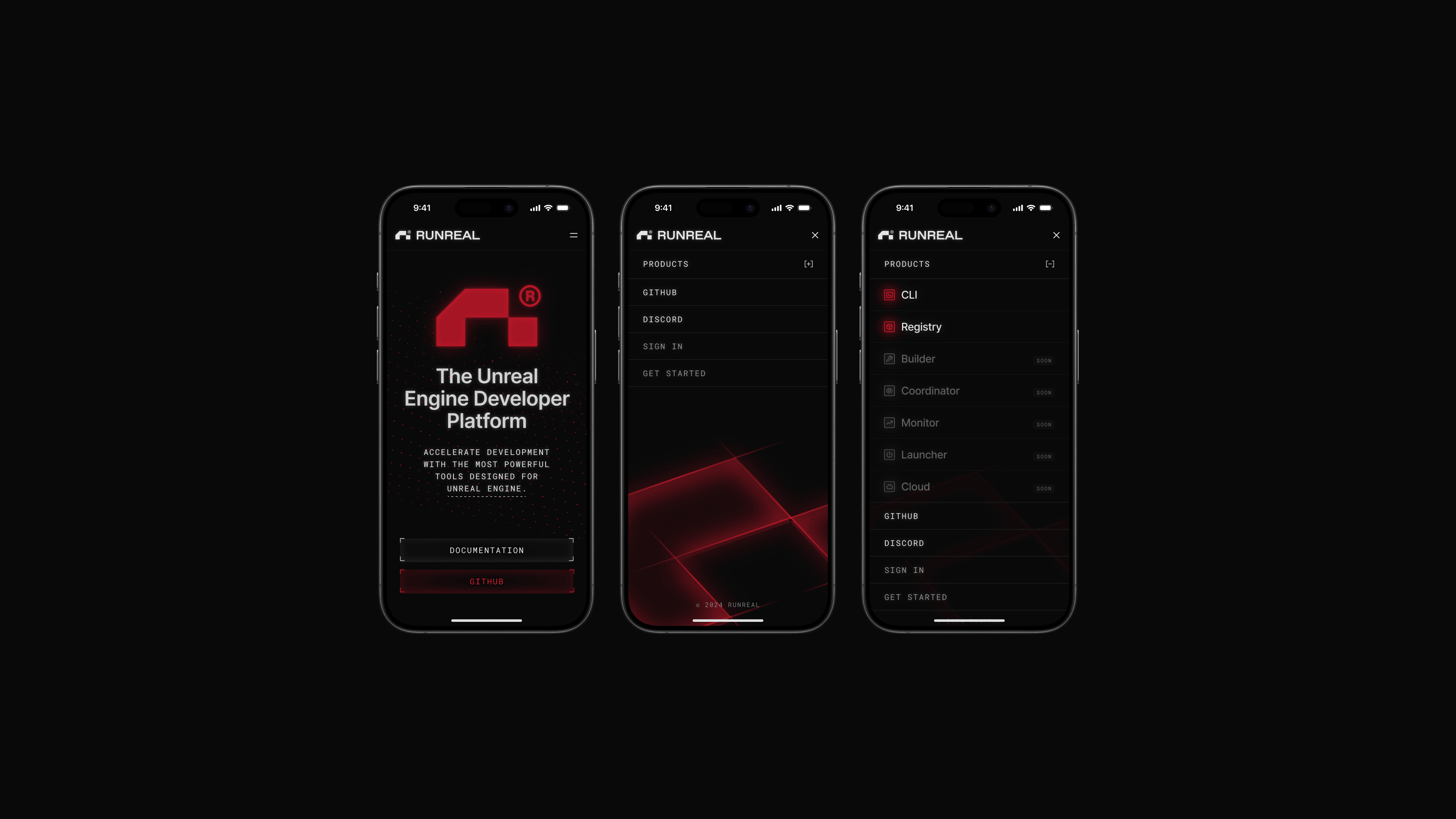 Three iPhone mockups of the Runreal mobile website showing the Unreal Engine developer platform hero screen and product navigation, designed by Kundo Studio to showcase the tech-forward brand identity and responsive mobile UI.