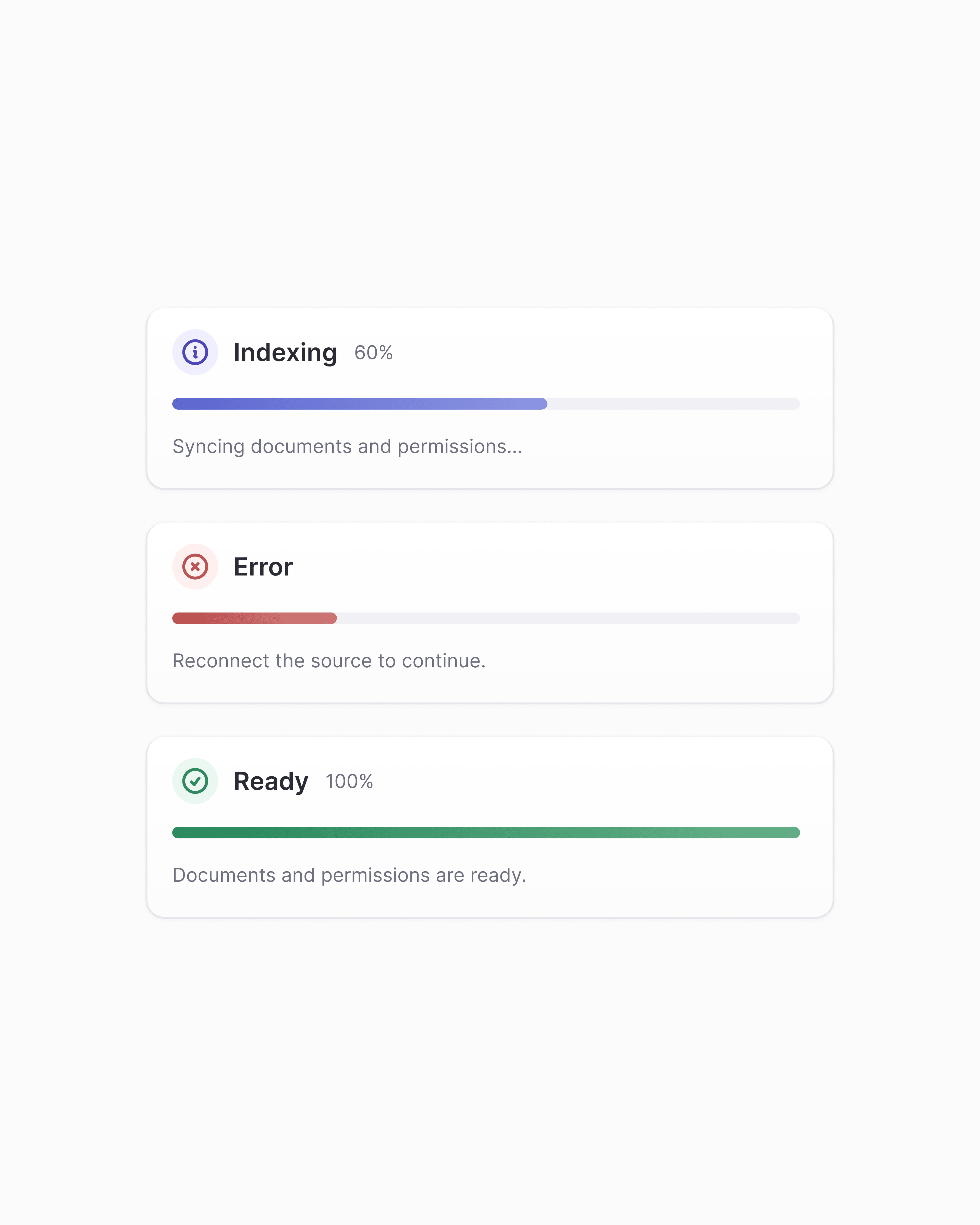 Groundloom indexing, error, and ready status cards for knowledge processing.
