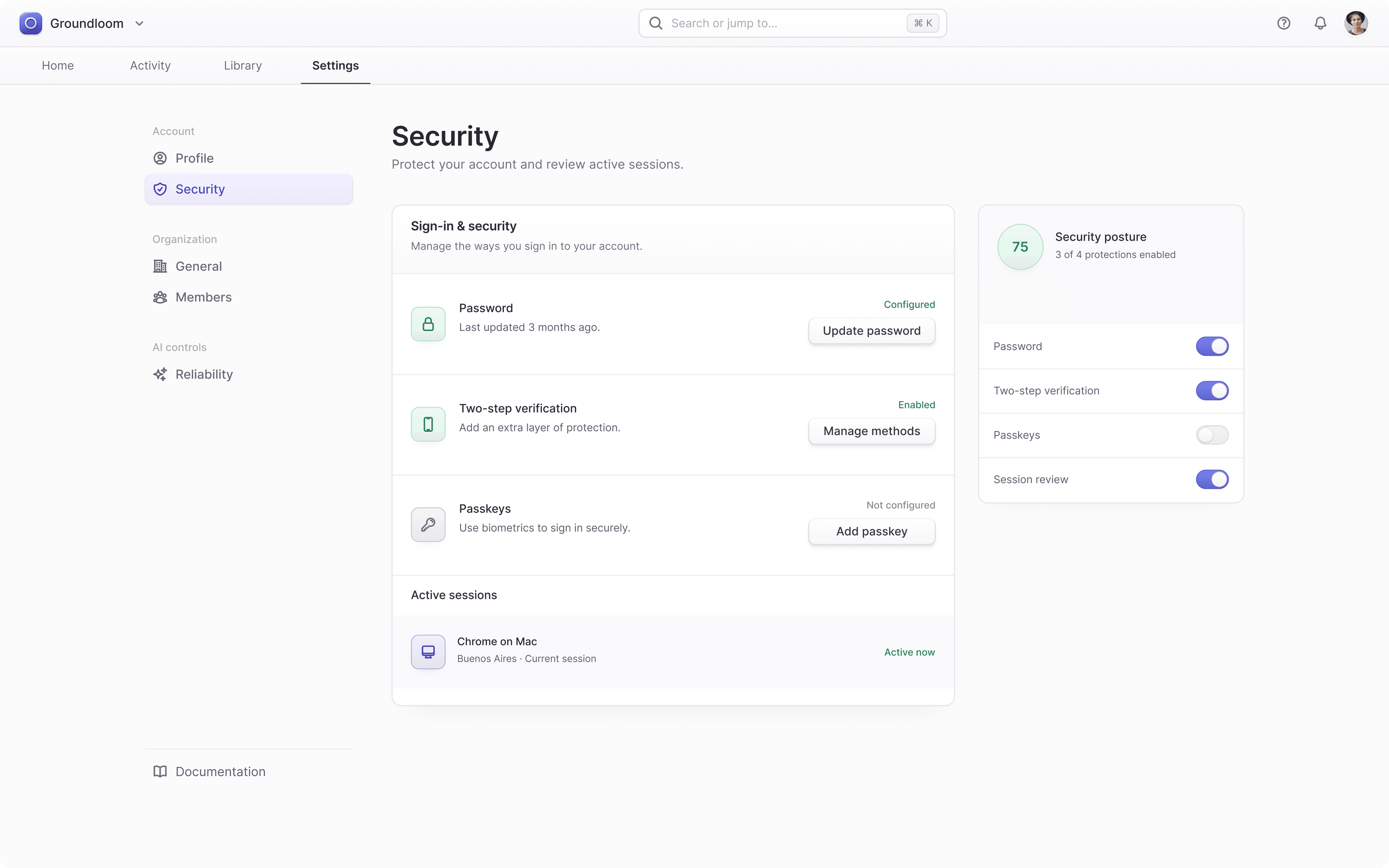 Groundloom security settings with password, two-step verification, passkeys, and active sessions.