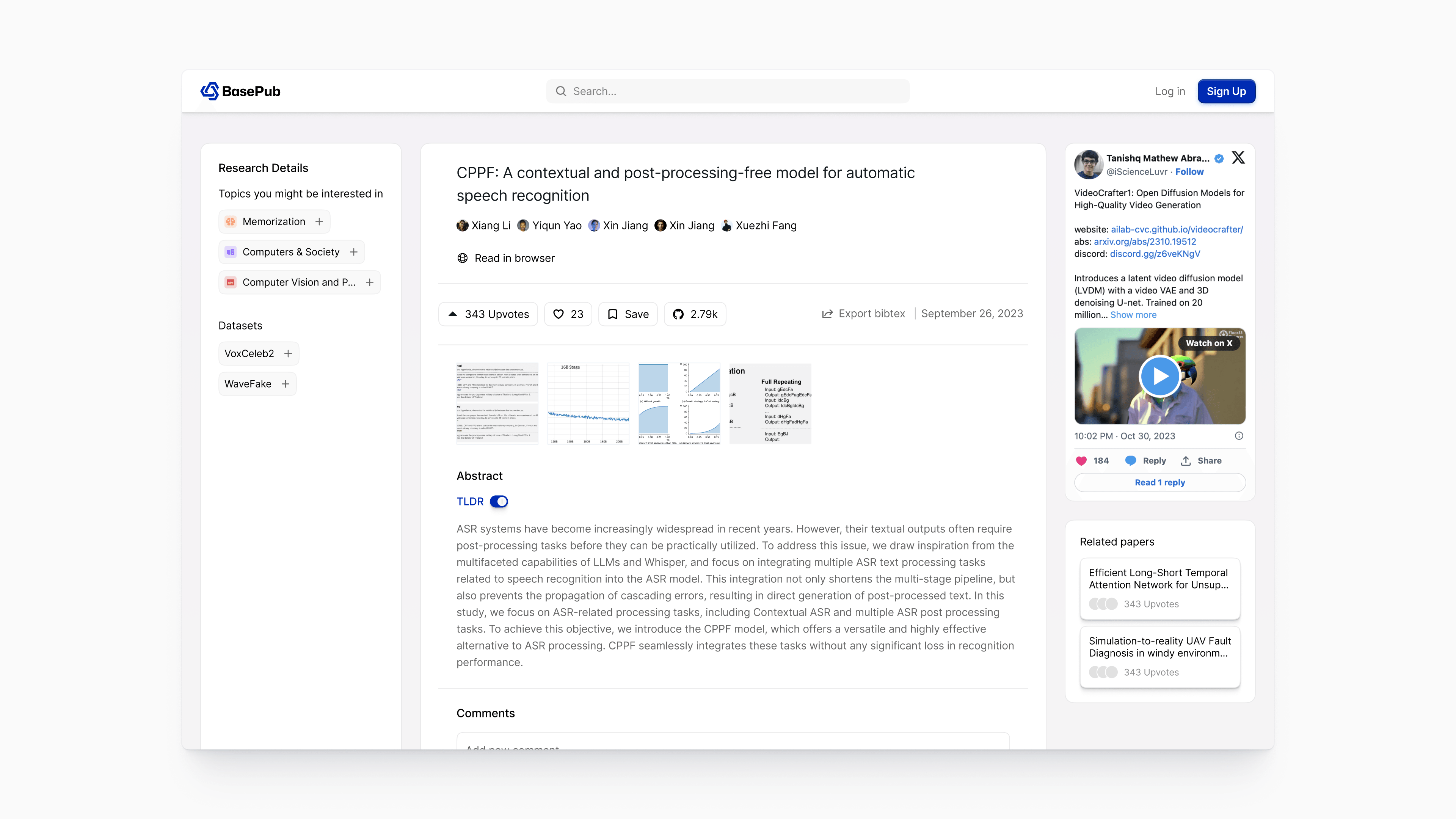BasePub research paper detail view showing the CPPF speech recognition model with abstract, charts preview, social engagement stats, left-hand sidebar of suggested topics and datasets, and a right column with an embedded X post and related papers.