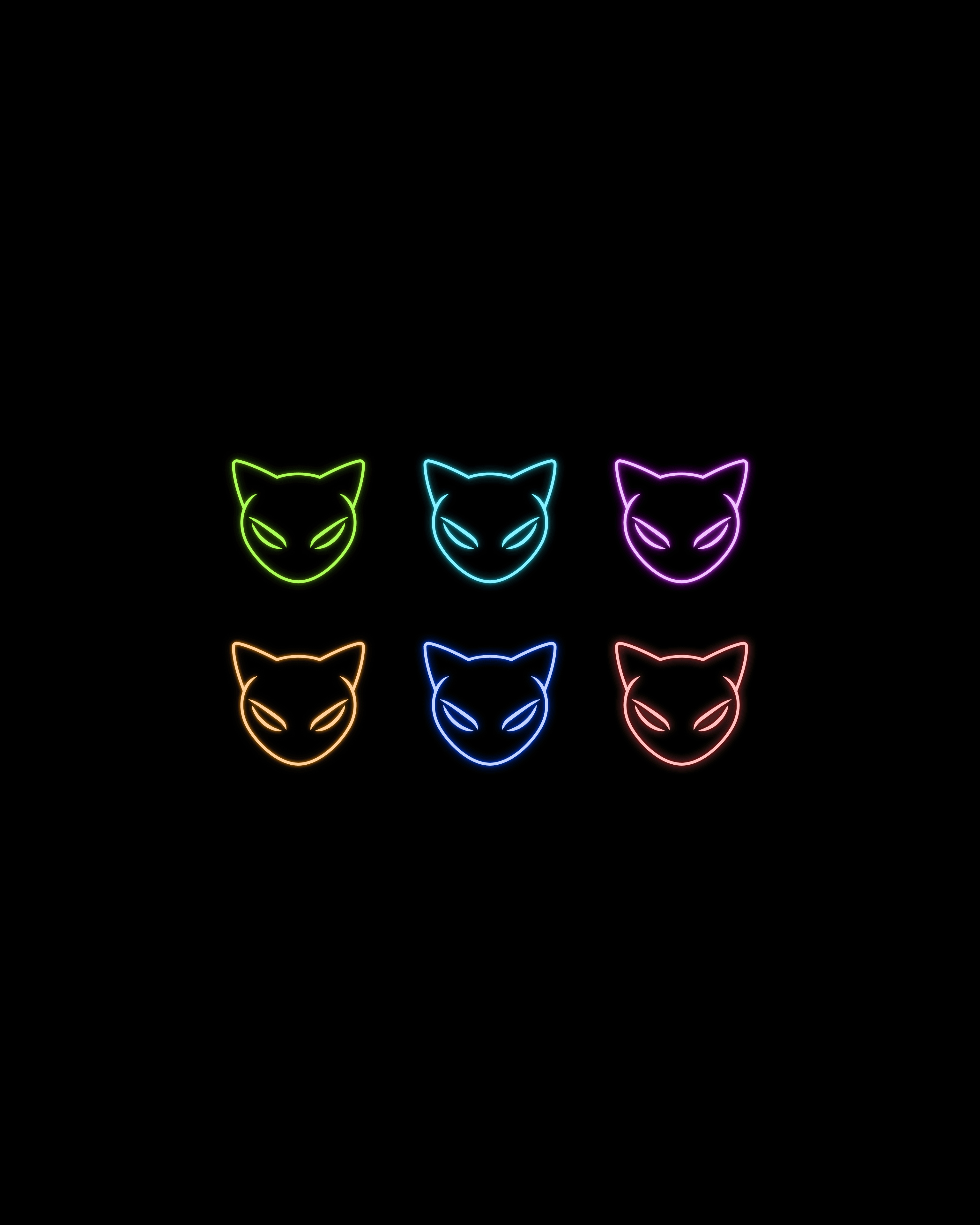 Grid of six neon cat-head icons in vibrant colors on a black background, part of the MEOW meme-token brand iconography designed by Kundo Studio to express its playful, retro crypto identity.