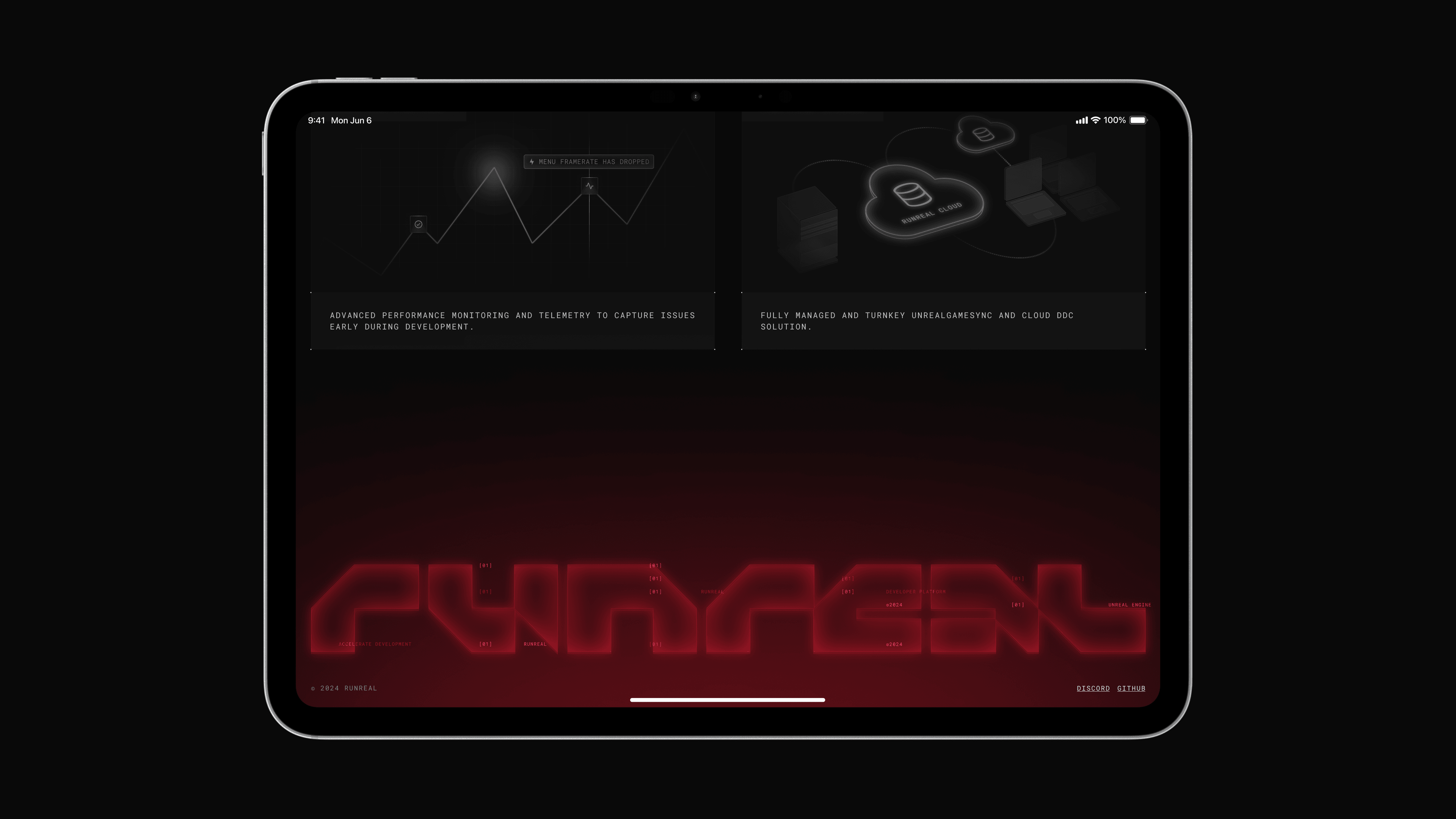 iPad mockup of the Runreal website with dark product UI cards and a glowing red Runreal wordmark footer, designed by Kundo Studio to showcase the responsive, tech-forward brand identity and web experience for Runreal.