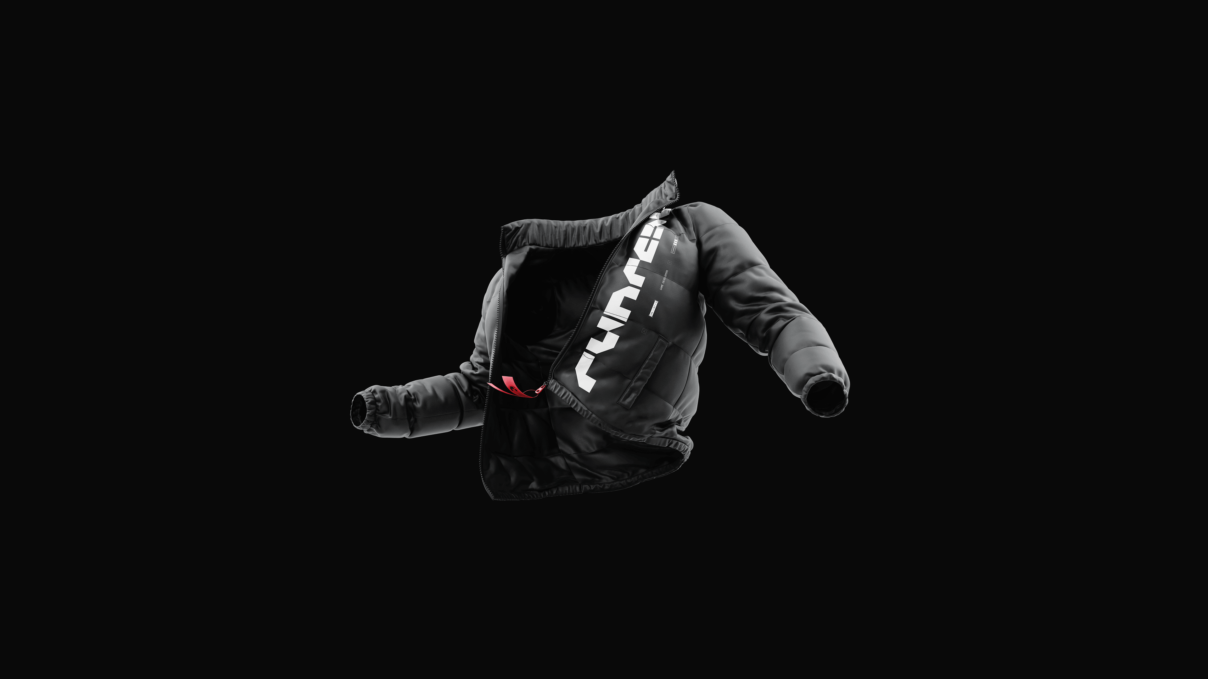 High-contrast 3D render of a black Runreal-branded puffer jacket floating on a black background, created by Kundo Studio to showcase the brand’s bold, tech-forward visual identity and product storytelling.