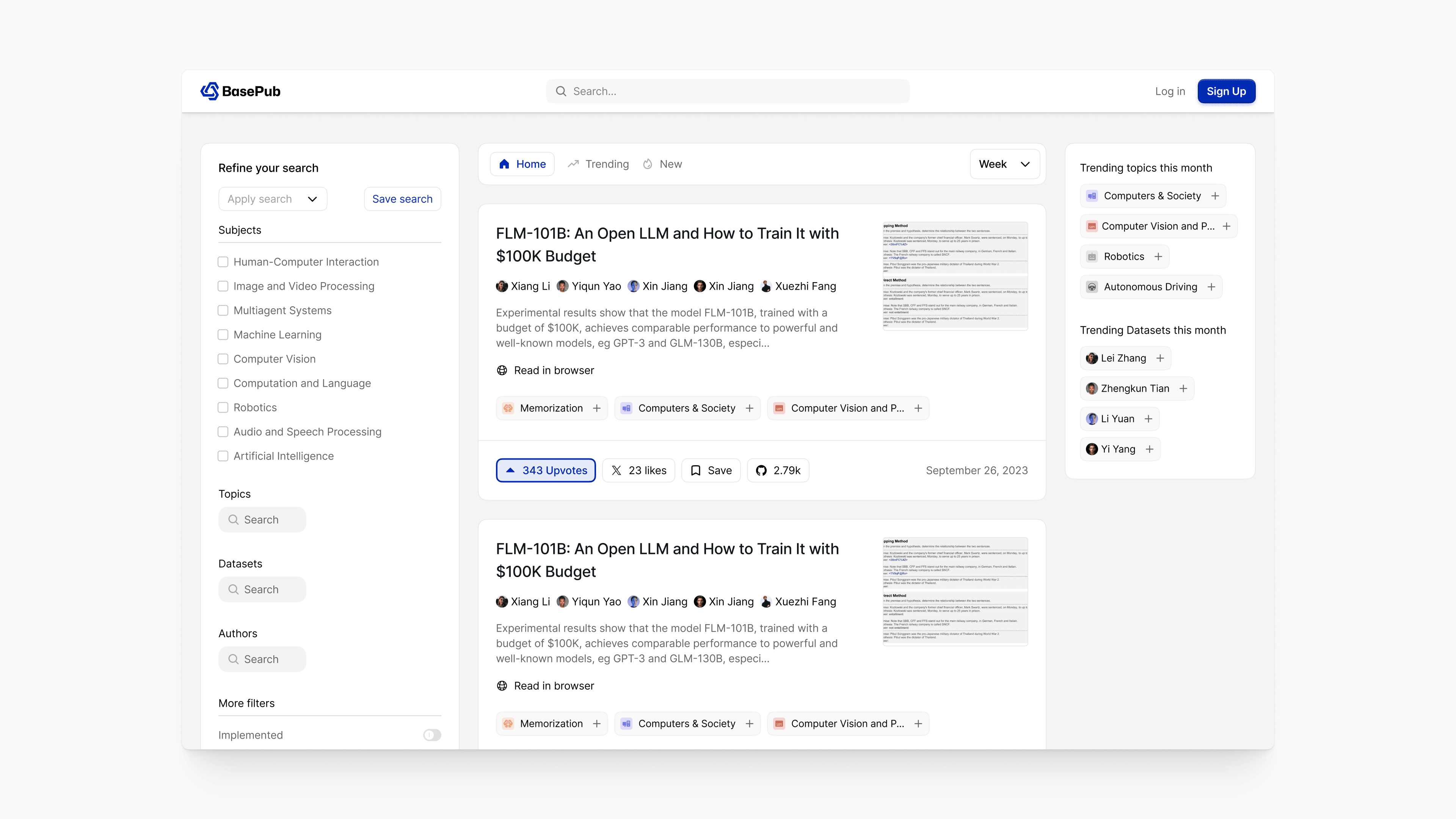 BasePub web app feed view showing FLM-101B research papers with upvotes and tags in the main column, advanced AI subject filters on the left, and trending topics and datasets for the week on the right.