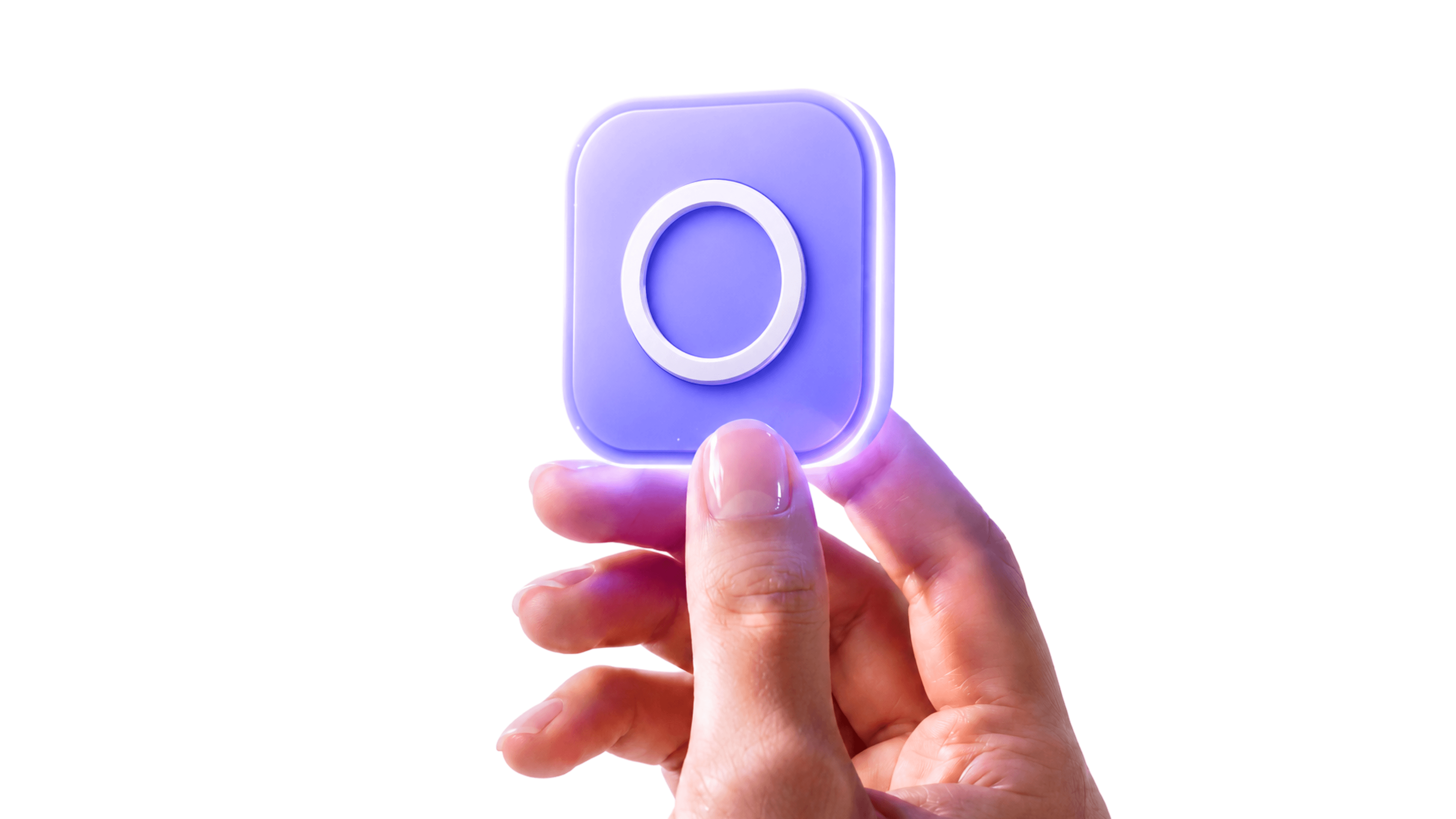 Hand holding Groundloom’s glowing purple app icon against a pale background.