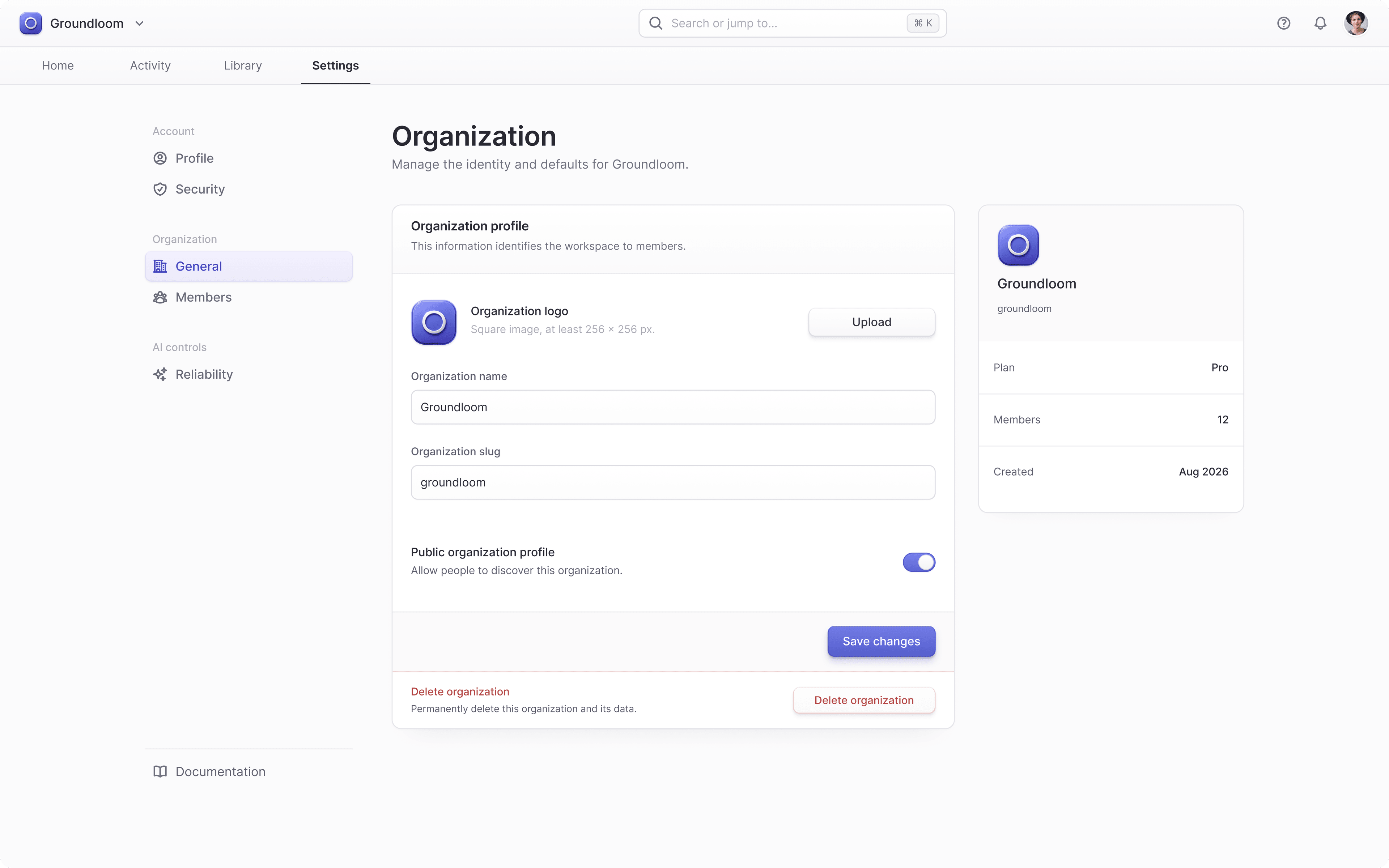 Groundloom organization settings with workspace details and deletion controls.