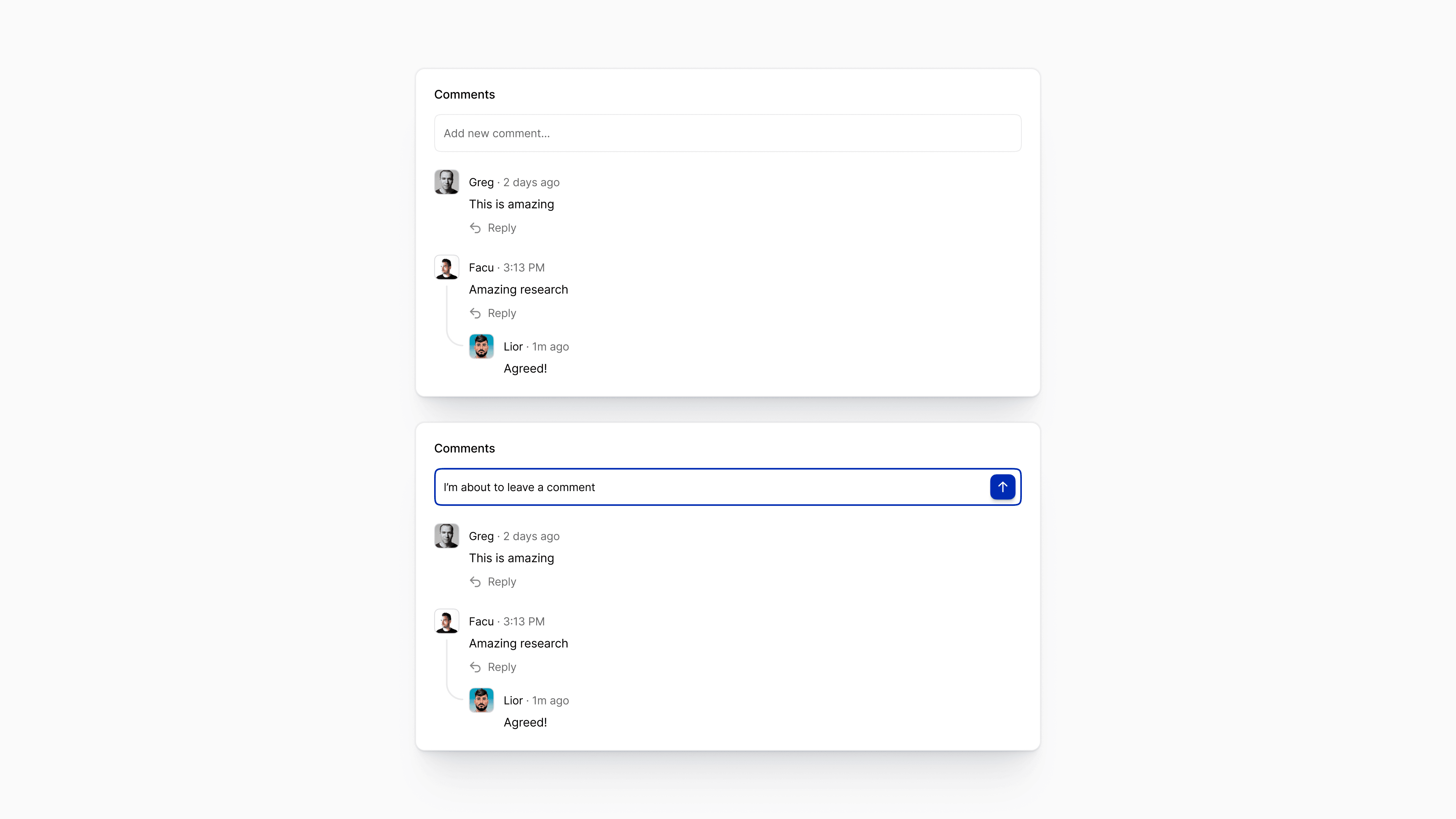BasePub comments UI showing a clean, threaded discussion with avatars and timestamps, plus an inline “add new comment” field and blue-highlighted input state, illustrating how researchers can collaborate and react to AI papers directly inside the platform.