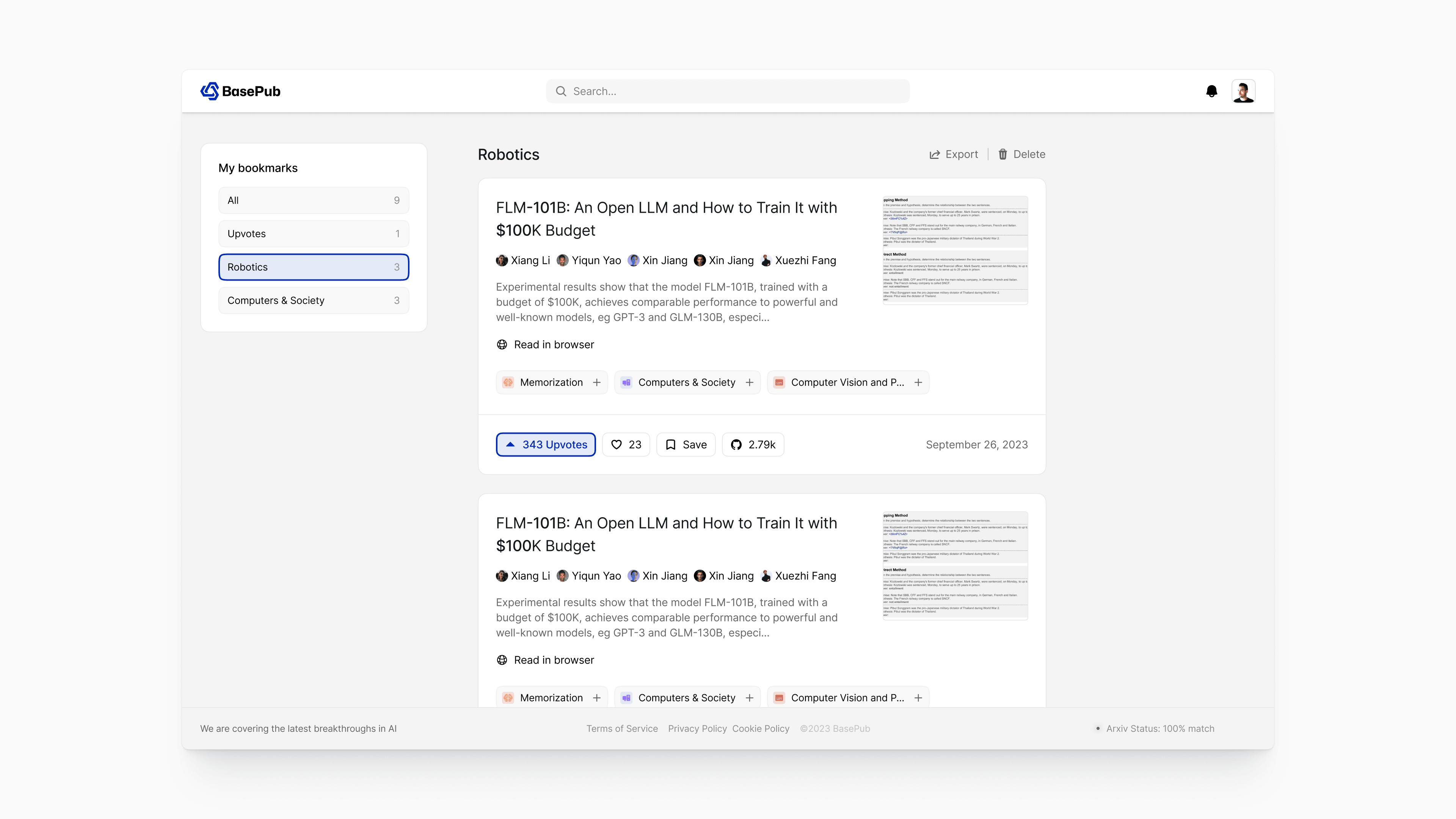 BasePub bookmarks dashboard with the “Robotics” collection selected, listing saved AI research papers and sidebar filters for All, Upvotes, Robotics, and Computers & Society to quickly organize and revisit research.