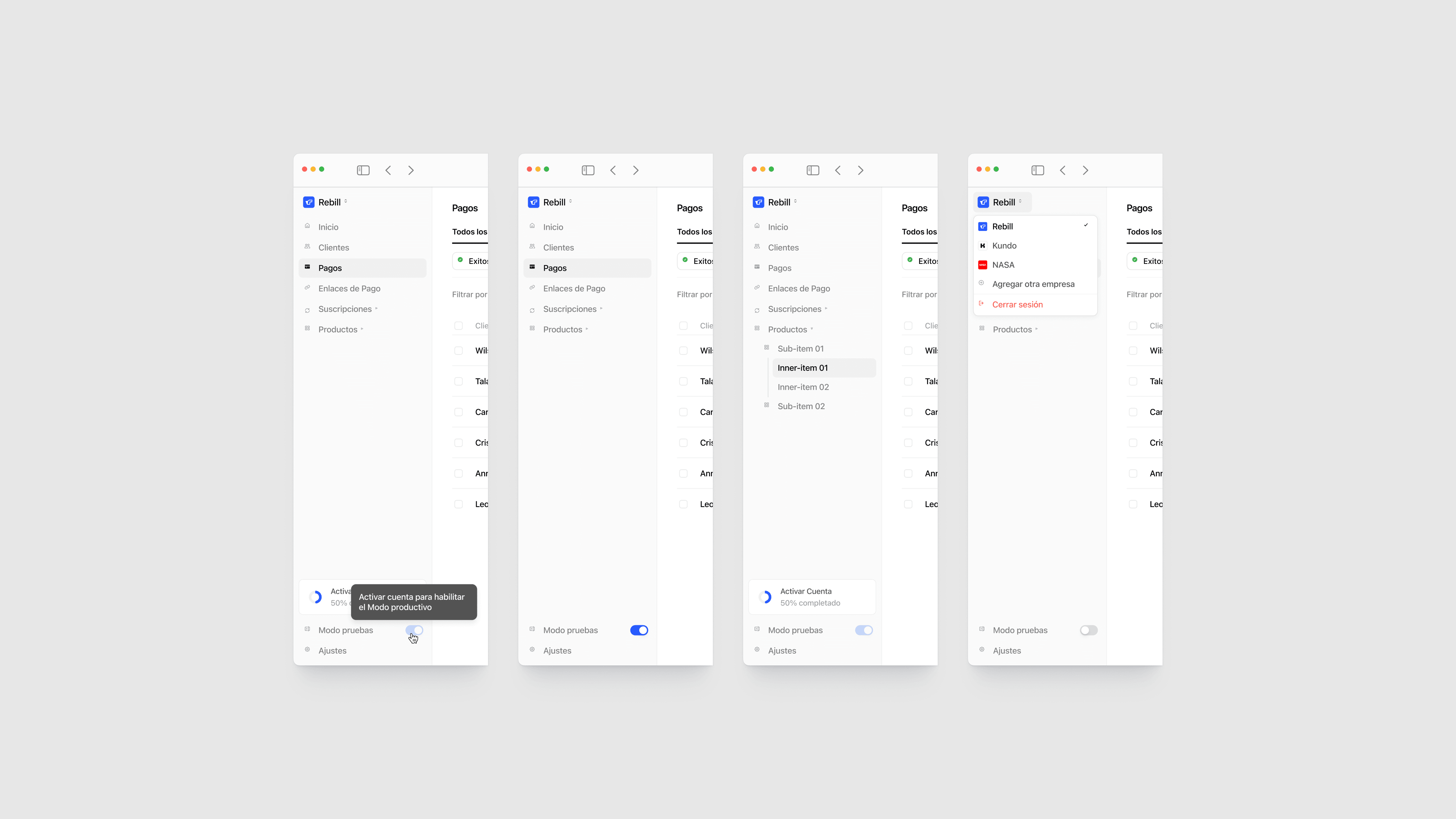 Rebill payments dashboard in light mode showing a table of successful card transactions with row actions for archiving, exporting, and deleting—part of the Stripe-grade LATAM payments UI Kundo Studio designed for clear, confident operations.
