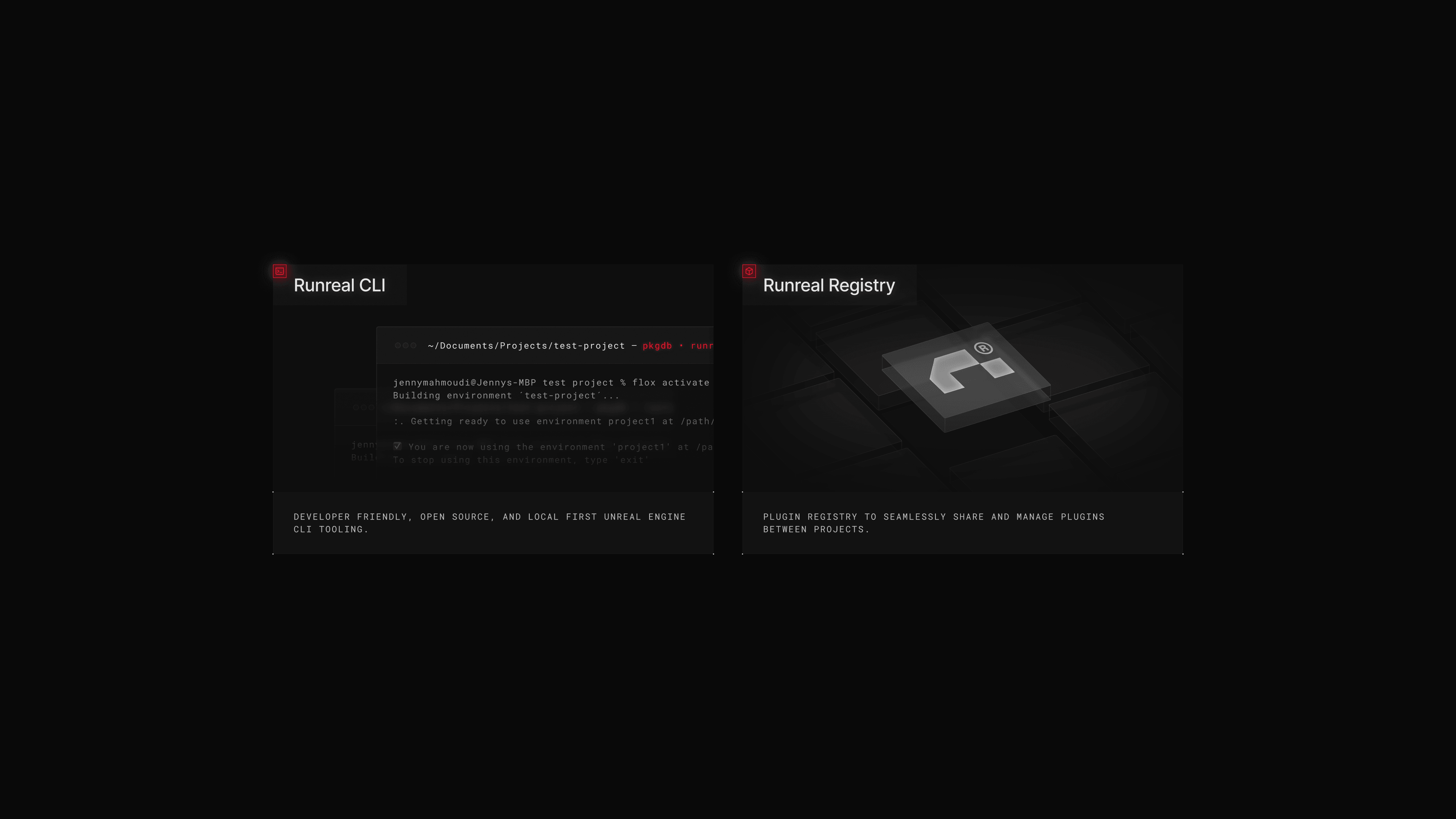 Dark UI mockup showing Runreal CLI and Runreal Registry product cards, with terminal interface and glowing Runreal logo tile—designed by Kundo Studio to showcase the developer tooling platform’s tech-forward product UI and brand identity.