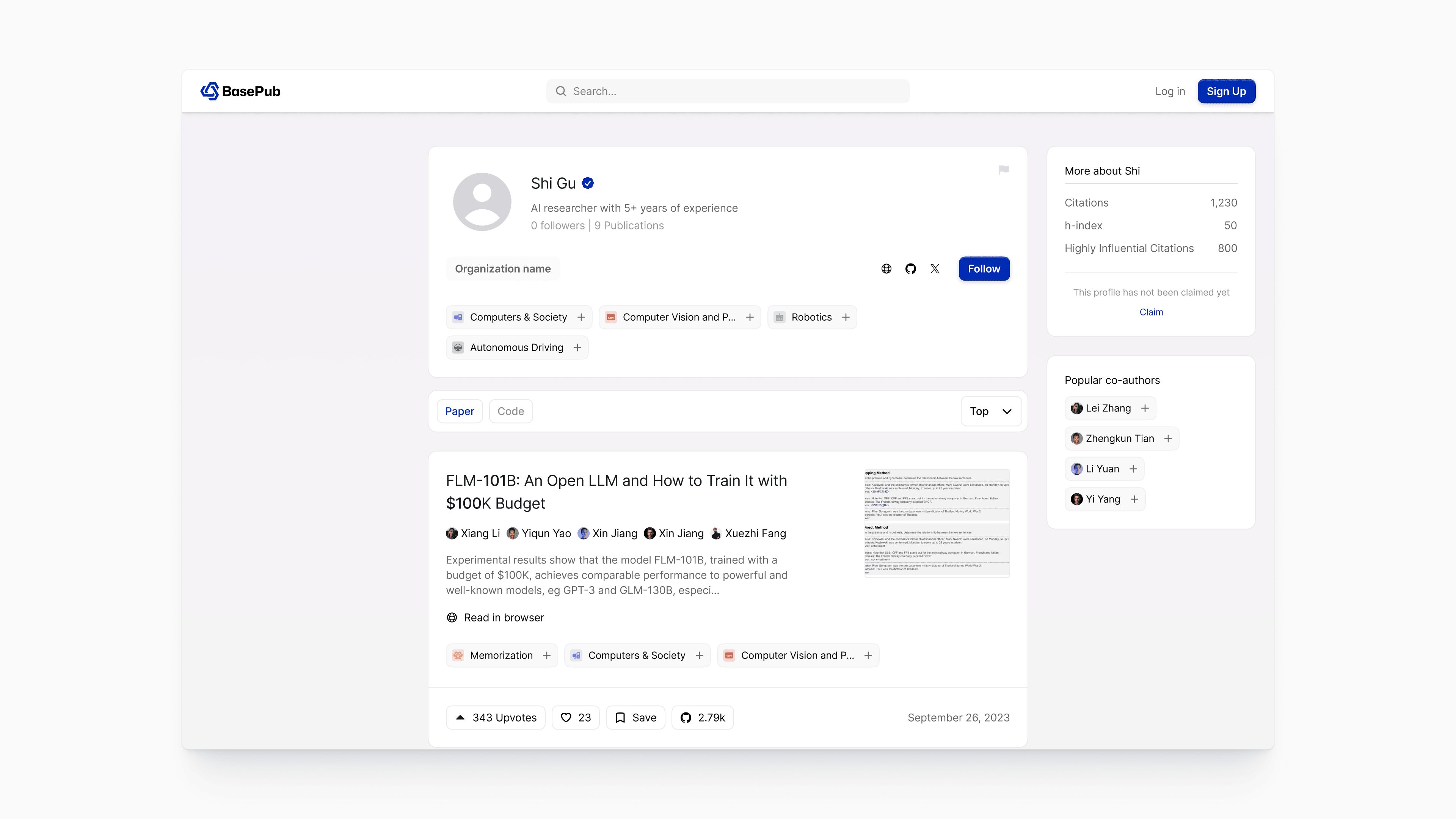 BasePub author profile UI showing AI researcher Shi Gu’s overview with expertise tags, citation metrics, co-author list, and a highlighted publication card for “FLM-101B: An Open LLM and How to Train It with $100K Budget.”