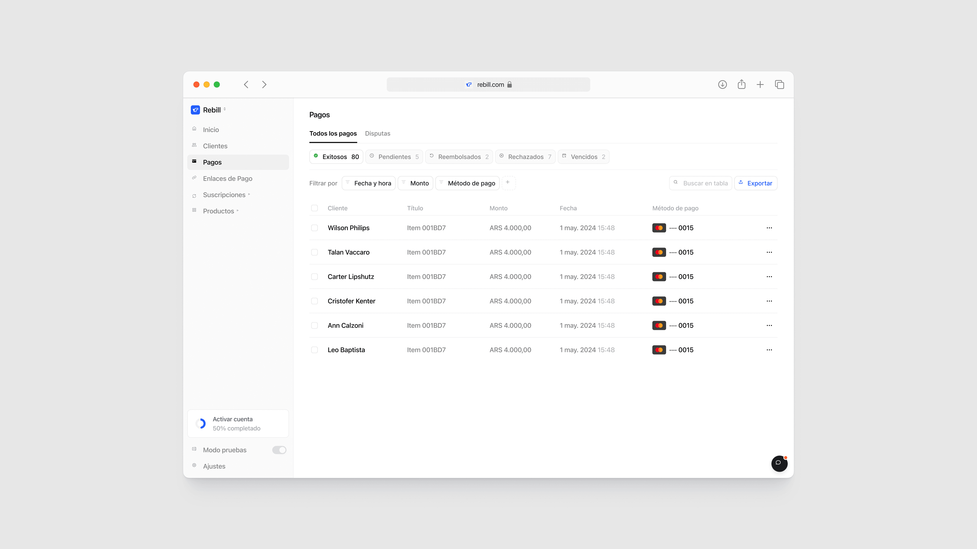 Rebill payments dashboard in dark mode showing recent card transactions, designed by Kundo Studio to give LATAM operators a Stripe-grade, high-contrast UI for monitoring payment status, amounts, and methods with confidence.