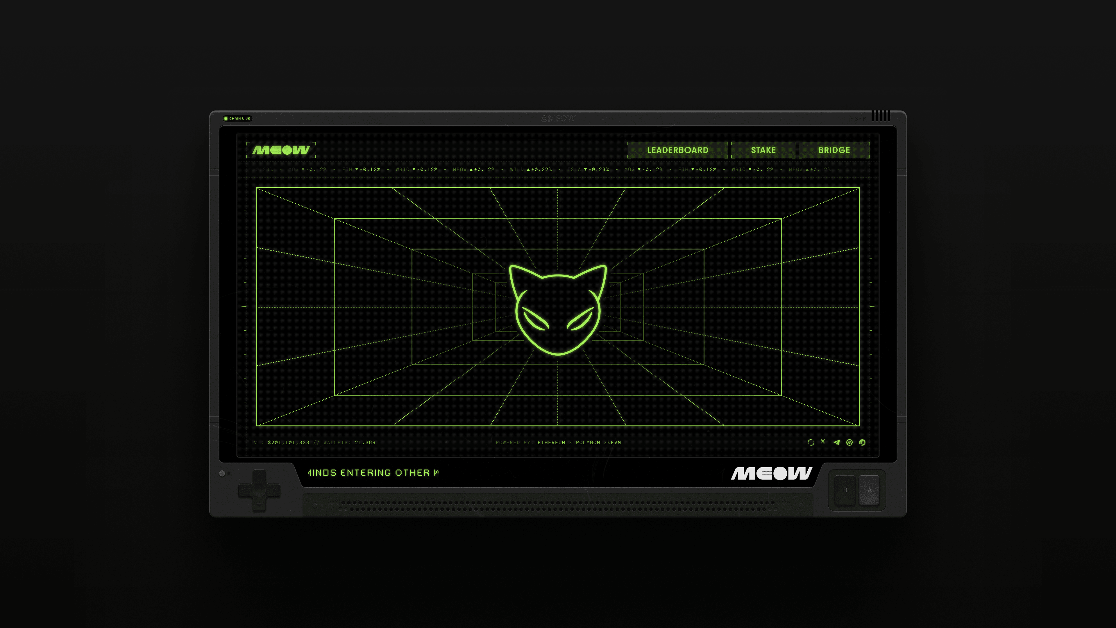 Retro console-style MEOW homepage screen with neon green cat logo in a 3D grid tunnel, designed by Kundo Studio to showcase the playful, interactive crypto brand and nostalgia-driven website experience.