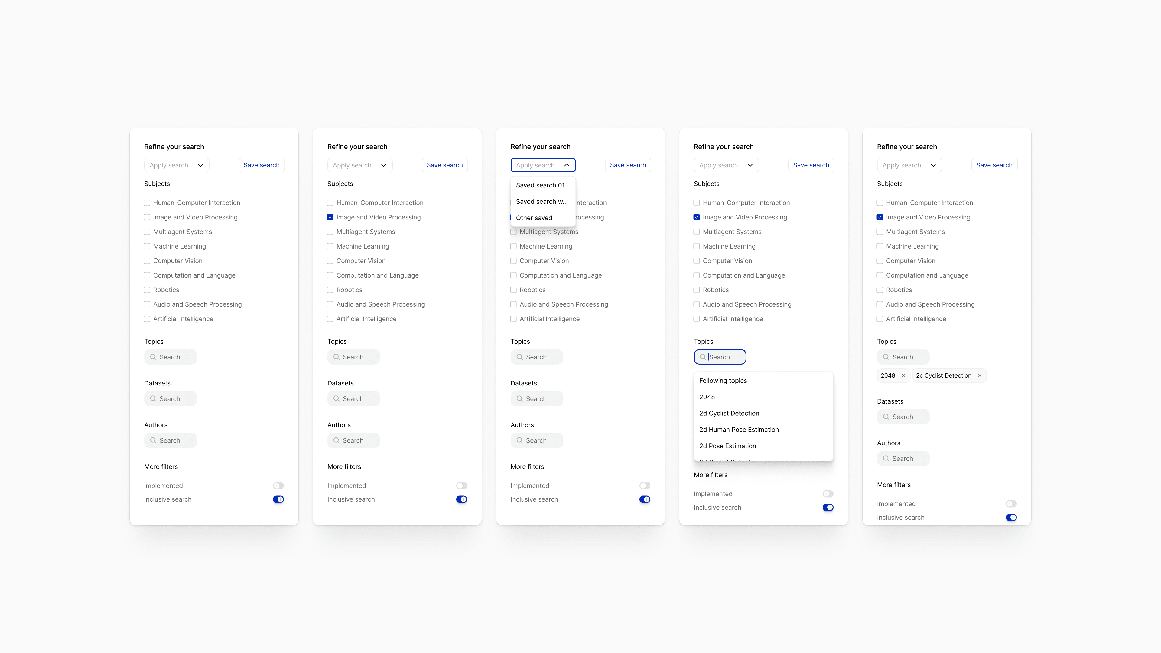 BasePub advanced search filters UI showing step-by-step states for refining AI research results by subject, topics, datasets, authors, and saved searches.