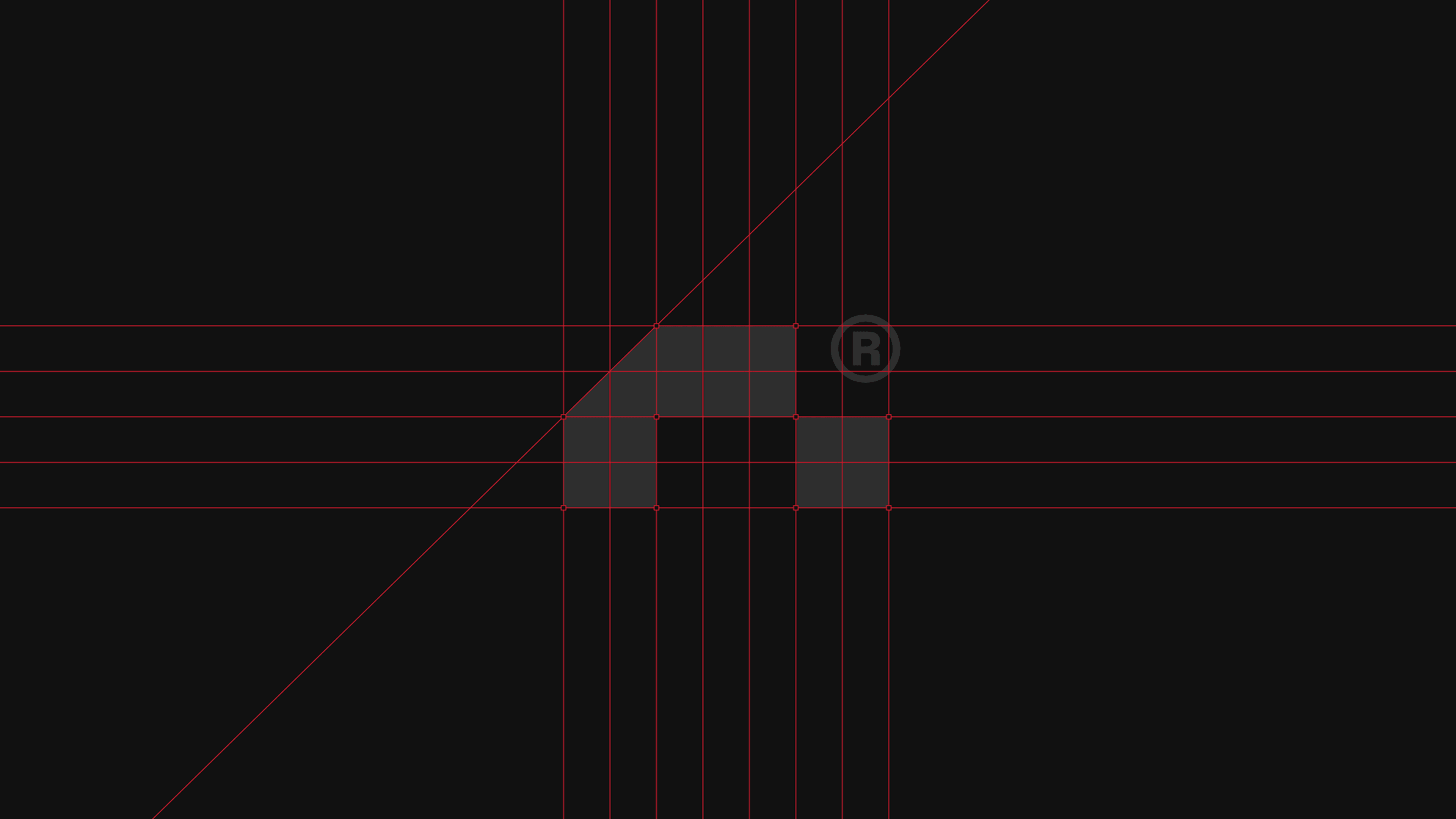 Runreal logo construction grid on a dark background with red guides and geometric mark, illustrating Kundo Studio’s precise, system-driven logo design and tech-forward brand identity for Runreal.