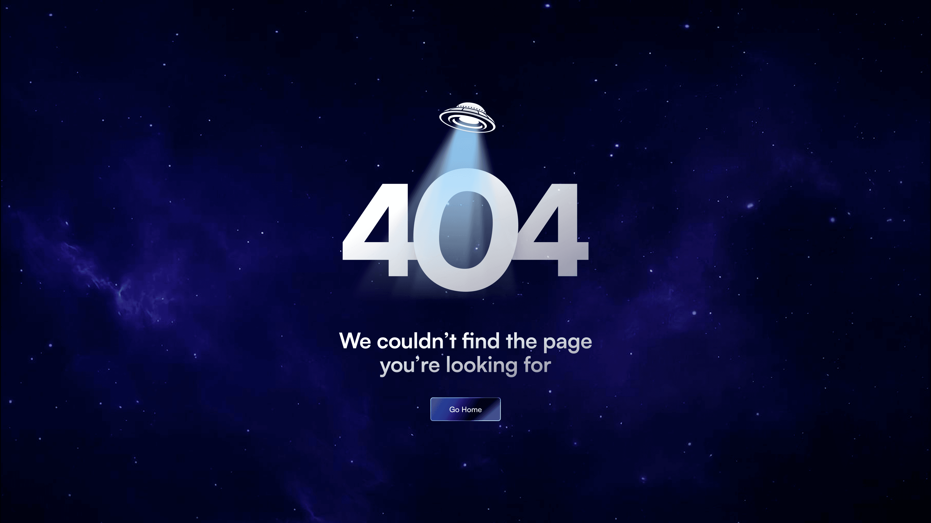 Emerge Tools 404 page with a UFO beaming light onto large “404” numbers and the message “We couldn’t find the page you’re looking for” on a starry galaxy backdrop.