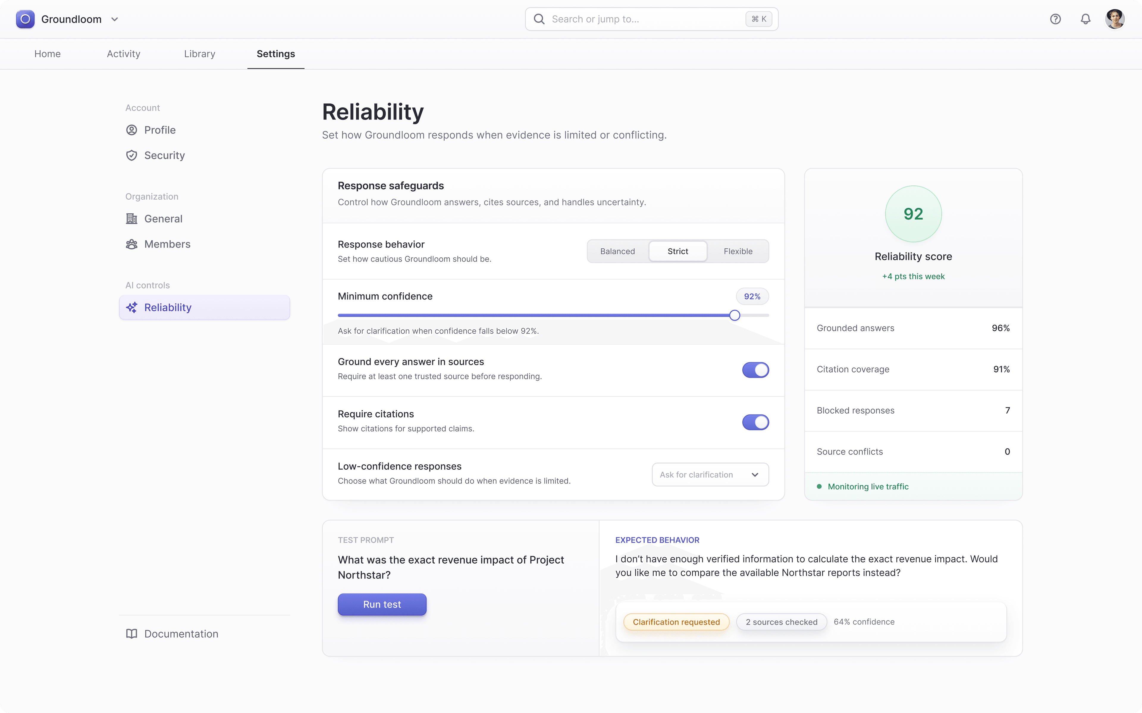 Groundloom reliability settings with confidence thresholds, response behavior, and policy summary.